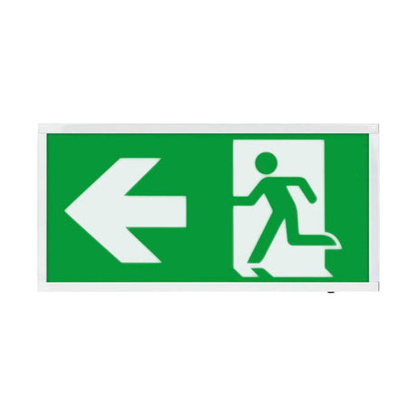 ESP Duceri Emergency Surface Exit Box with left arrow and running figure legend on a green panel in a white steel frame, 3W LED IP20.