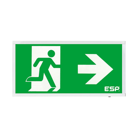 ESP Duceri surface-mounted emergency exit box with running figure and right-pointing arrow on a green LED panel in a white frame.