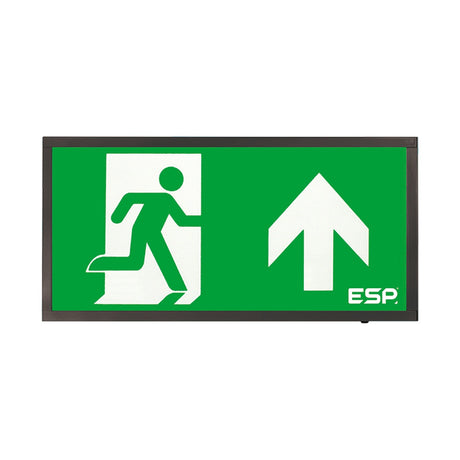 ESP Duceri emergency exit box with 3W LED IP20 running man and up arrow legend on green panel in black surface mount frame.
