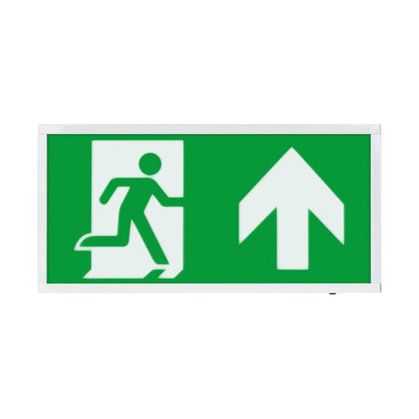 ESP Duceri emergency surface exit box with 3W LED, white frame, green running man legend and up arrow, IP20 rated for indoor use.
