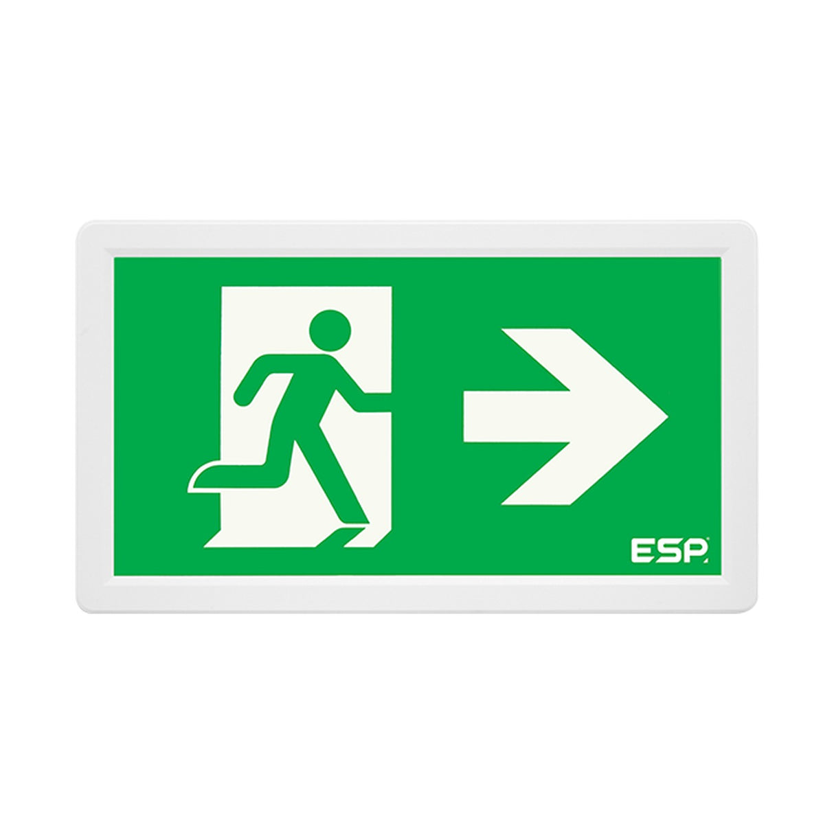 ESP Duceri Surface Slimline Exit Box with white frame, green running man legend and right arrow, 3W LED IP20, on a plain white background.