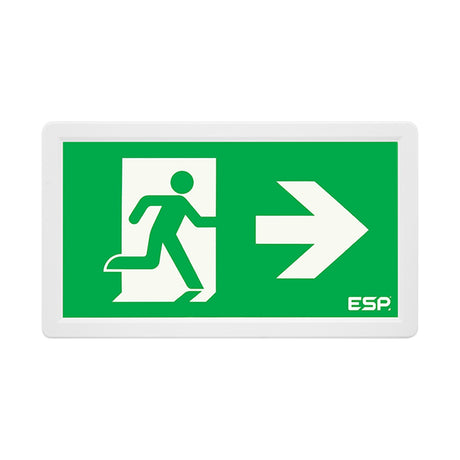 ESP Duceri Surface Slimline Exit Box with white frame, green running man legend and right arrow, 3W LED IP20, on a plain white background.