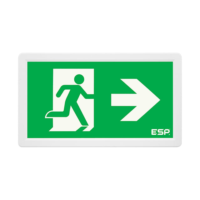 ESP Duceri Surface Slimline Exit Box with white frame, green running man legend and right arrow, 3W LED IP20, on a plain white background.