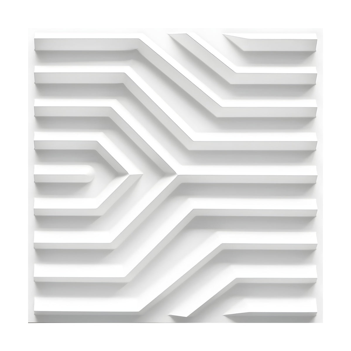 White 3D PVC wall panel, 50 x 50cm, featuring raised parallel ribs converging in an angled Y-junction with nested chevron detailing, shown on a plain background.