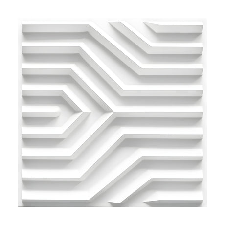 White 3D PVC wall panel, 50 x 50cm, featuring raised parallel ribs converging in an angled Y-junction with nested chevron detailing, shown on a plain background.