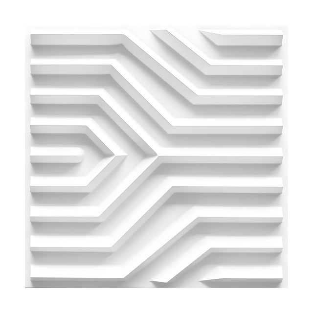 White 3D PVC wall panel, 50 x 50cm, featuring raised parallel ribs converging in an angled Y-junction with nested chevron detailing, shown on a plain background.