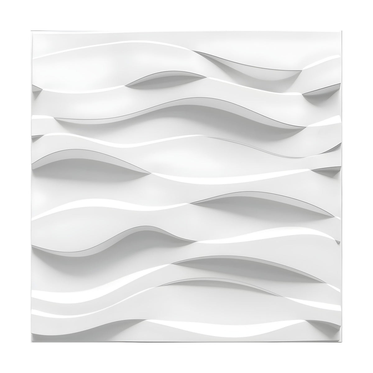 White square 3D PVC wall panel, 50 x 50cm, featuring overlapping horizontal wave ribbons in deep relief with shadowed lens-shaped scoops, shown on a plain background.