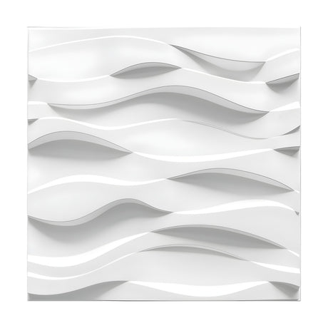 White square 3D PVC wall panel, 50 x 50cm, featuring overlapping horizontal wave ribbons in deep relief with shadowed lens-shaped scoops, shown on a plain background.