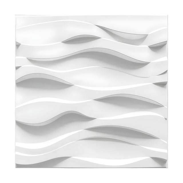White square 3D PVC wall panel, 50 x 50cm, featuring overlapping horizontal wave ribbons in deep relief with shadowed lens-shaped scoops, shown on a plain background.