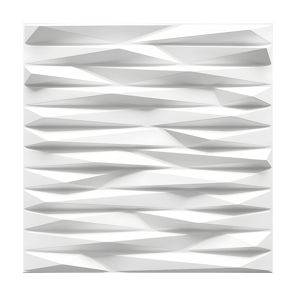 White PVC 3D wall panel, 50 x 50cm, with geometric linear triangle shard relief in staggered horizontal rows, shown against a plain white background.