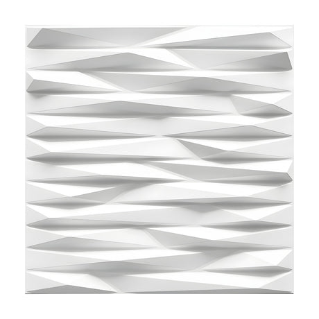 White PVC 3D wall panel, 50 x 50cm, with geometric linear triangle shard relief in staggered horizontal rows, shown against a plain white background.