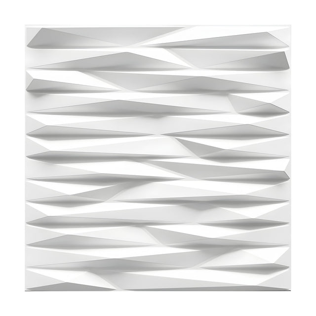 White PVC 3D wall panel, 50 x 50cm, with geometric linear triangle shard relief in staggered horizontal rows, shown against a plain white background.