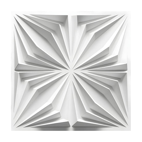 White PVC 3D wall panel, 50 x 50cm, with a folded faceted starburst design radiating angular rays from a central point, shown on a plain white background.