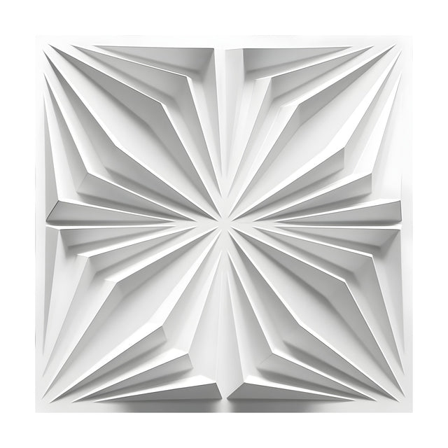 White PVC 3D wall panel, 50 x 50cm, with a folded faceted starburst design radiating angular rays from a central point, shown on a plain white background.