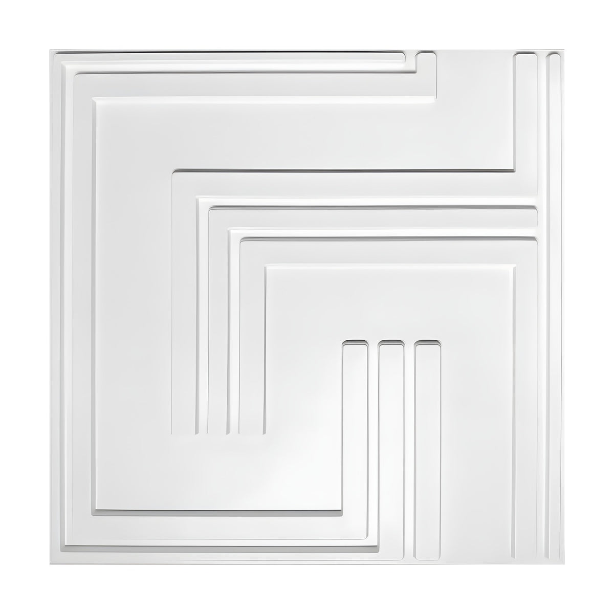 White PVC 3D wall panel, 50 x 50cm, featuring nested L-shaped right-angle bands and ribs in a geometric maze pattern, shown on a plain background.