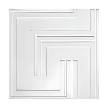 White PVC 3D wall panel, 50 x 50cm, featuring nested L-shaped right-angle bands and ribs in a geometric maze pattern, shown on a plain background.
