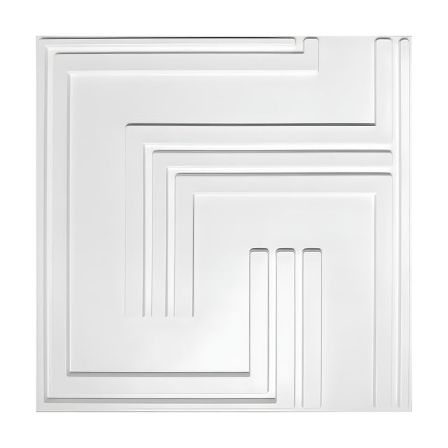 White PVC 3D wall panel, 50 x 50cm, featuring nested L-shaped right-angle bands and ribs in a geometric maze pattern, shown on a plain background.