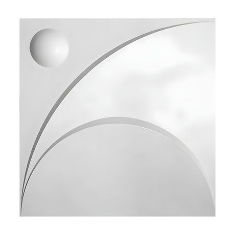 White PVC 3D wall panel, 50 x 50cm, featuring a raised sphere top left and two sweeping arcs in crisp relief across a plain white background.
