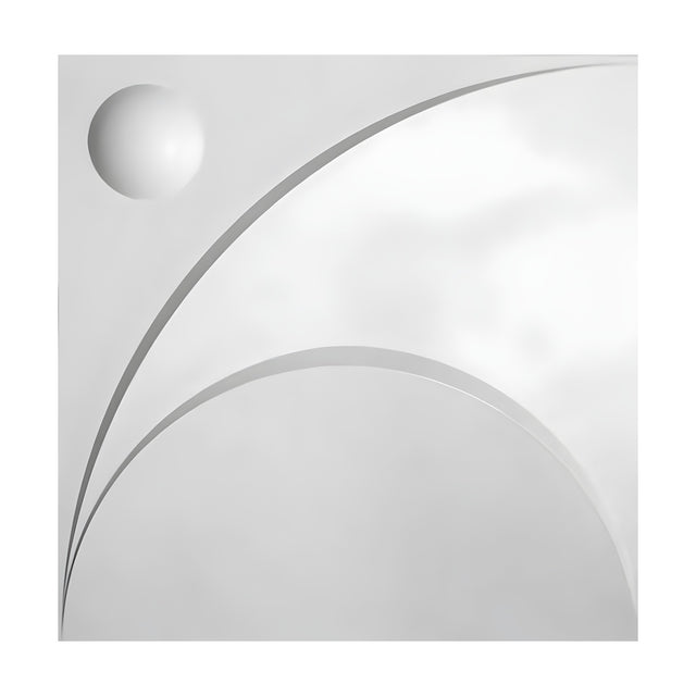 White PVC 3D wall panel, 50 x 50cm, featuring a raised sphere top left and two sweeping arcs in crisp relief across a plain white background.