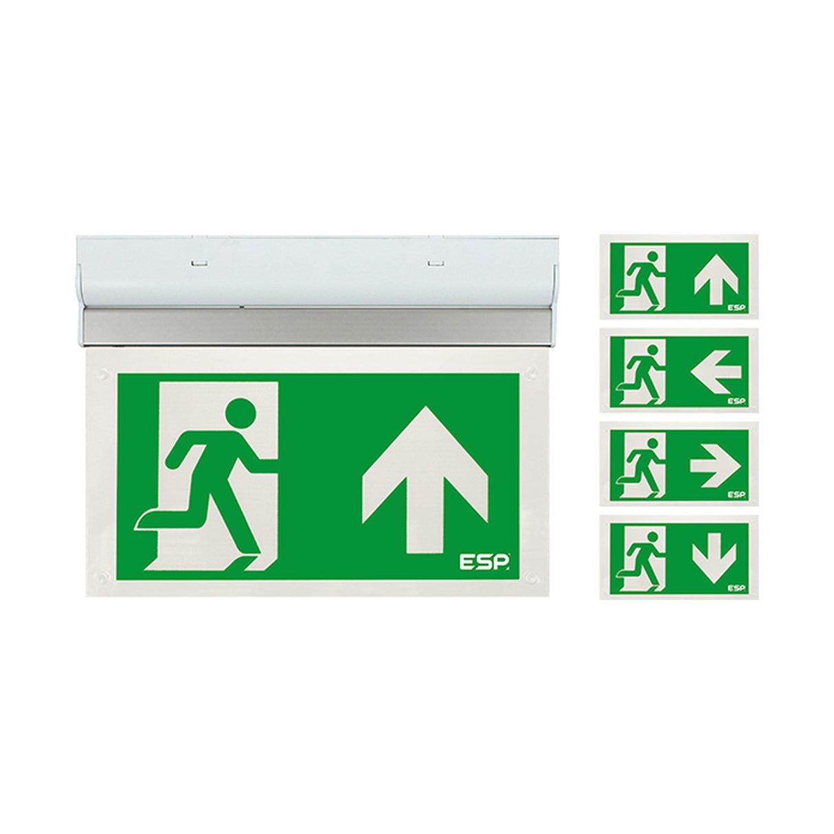 ESP Duceri emergency exit sign in white with green running man legend and up arrow, shown with alternative directional legends on a white background.