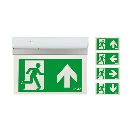 ESP Duceri emergency exit sign in white with green running man legend and up arrow, shown with alternative directional legends on a white background.
