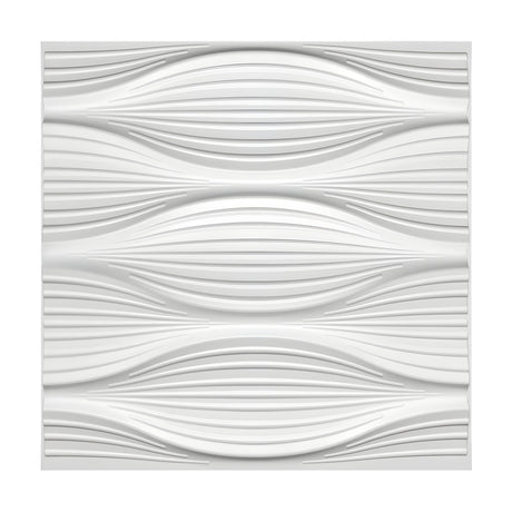 White PVC 3D wall panel, 50 x 50cm, with ribbed horizontal lines forming three stacked lens-shaped wave patterns, shown on a plain background.
