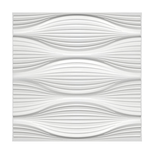 White PVC 3D wall panel, 50 x 50cm, with ribbed horizontal lines forming three stacked lens-shaped wave patterns, shown on a plain background.