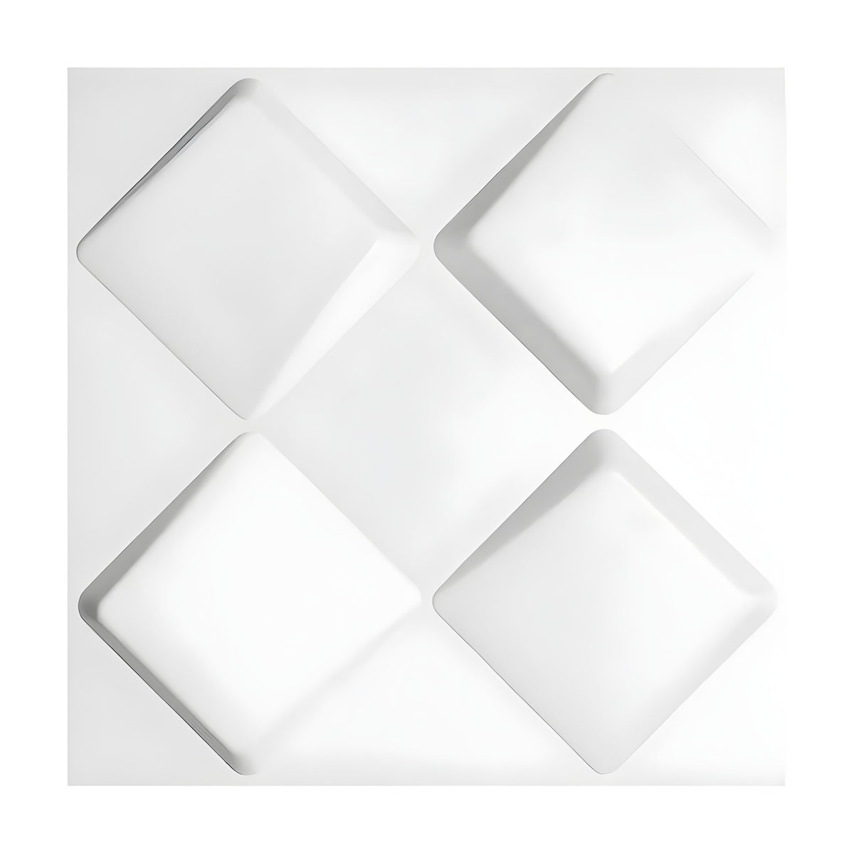White PVC 3D wall panel, 50 x 50cm, featuring four raised tilted diamond squares with bevelled sides in a two-by-two grid on a flat white background.