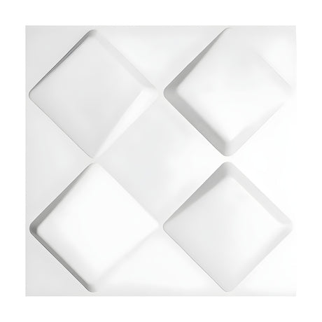 White PVC 3D wall panel, 50 x 50cm, featuring four raised tilted diamond squares with bevelled sides in a two-by-two grid on a flat white background.