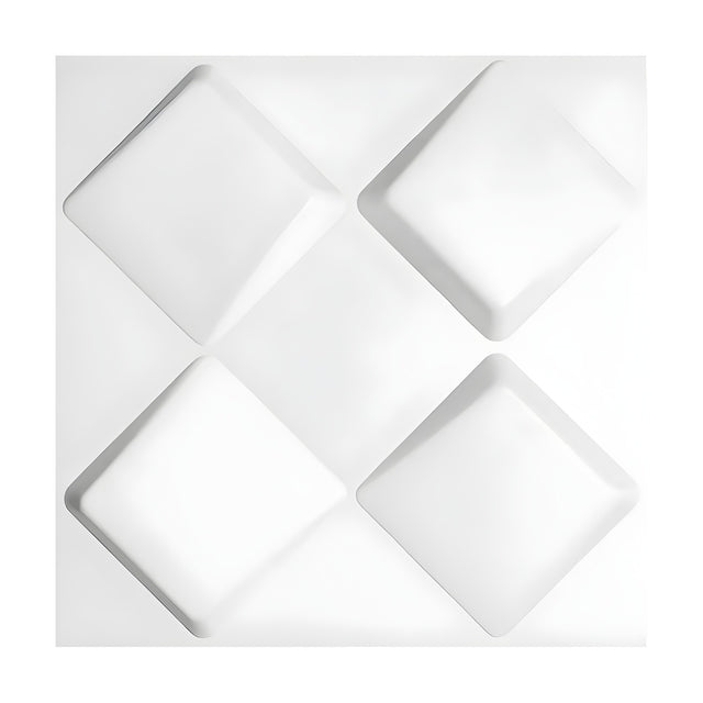 White PVC 3D wall panel, 50 x 50cm, featuring four raised tilted diamond squares with bevelled sides in a two-by-two grid on a flat white background.