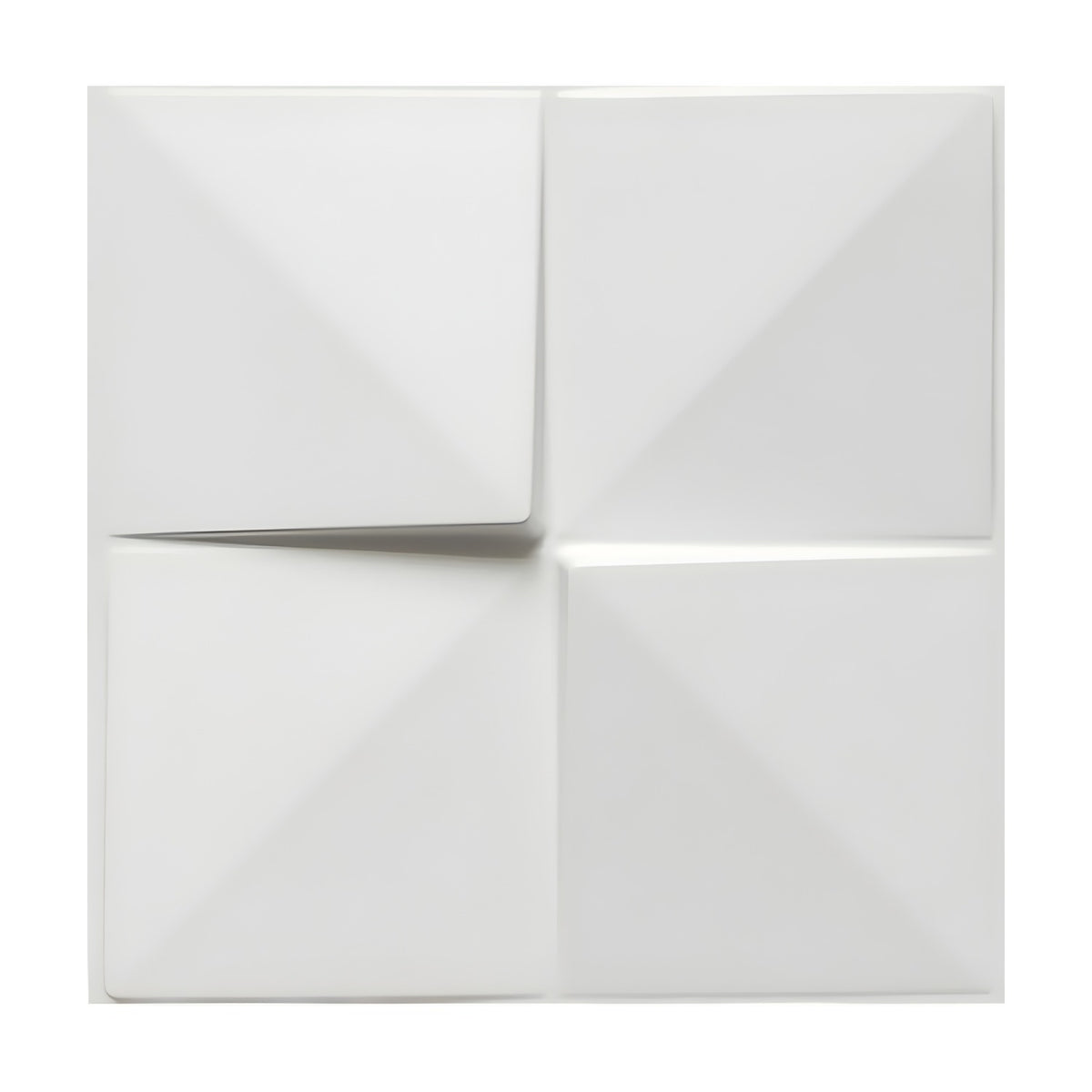 White 3D PVC wall panel, 50 x 50cm, with four faceted pyramid squares in a pinwheel grid, diagonal creases meeting at the centre, on a plain background.