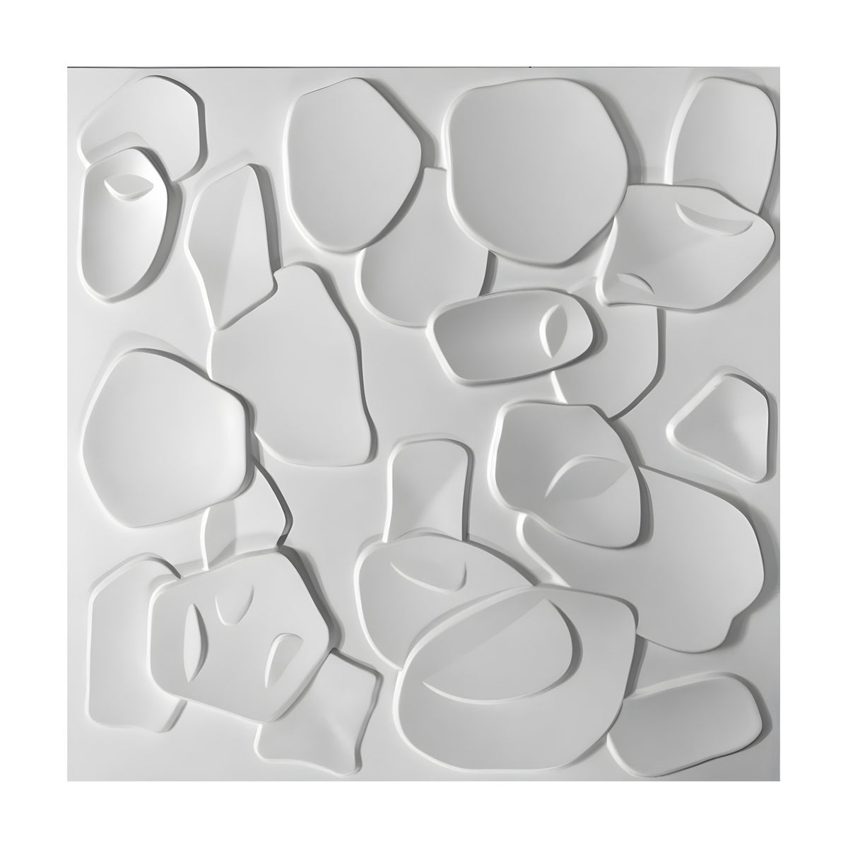 White PVC 3D wall panel, 50 x 50cm square, with overlapping flat-topped pebble shapes in varied sizes and soft rounded outlines, shown on a plain white background.