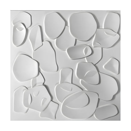 White PVC 3D wall panel, 50 x 50cm square, with overlapping flat-topped pebble shapes in varied sizes and soft rounded outlines, shown on a plain white background.