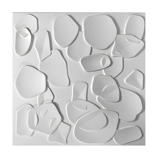 White PVC 3D wall panel, 50 x 50cm square, with overlapping flat-topped pebble shapes in varied sizes and soft rounded outlines, shown on a plain white background.