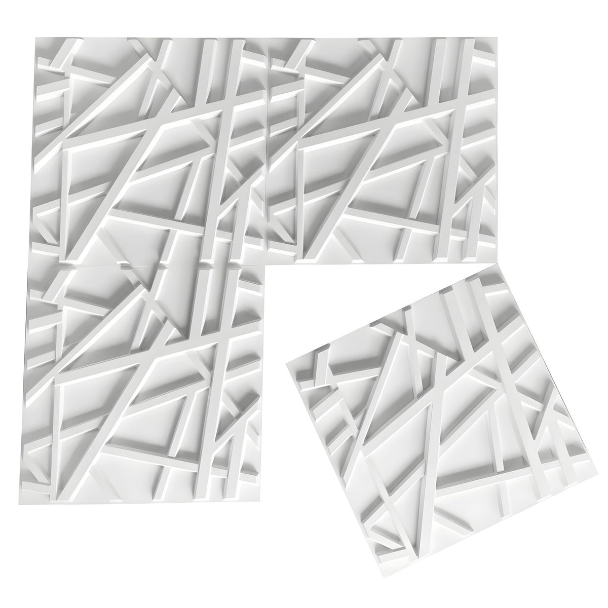 White PVC 3D wall panels, 50 x 50cm, featuring raised criss-crossing bars at varied angles forming an irregular geometric pattern, shown against a plain background.