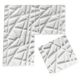 White PVC 3D wall panels, 50 x 50cm, featuring raised criss-crossing bars at varied angles forming an irregular geometric pattern, shown against a plain background.