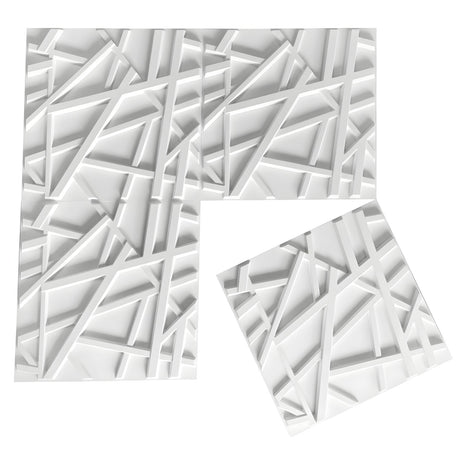 White PVC 3D wall panels, 50 x 50cm, featuring raised criss-crossing bars at varied angles forming an irregular geometric pattern, shown against a plain background.