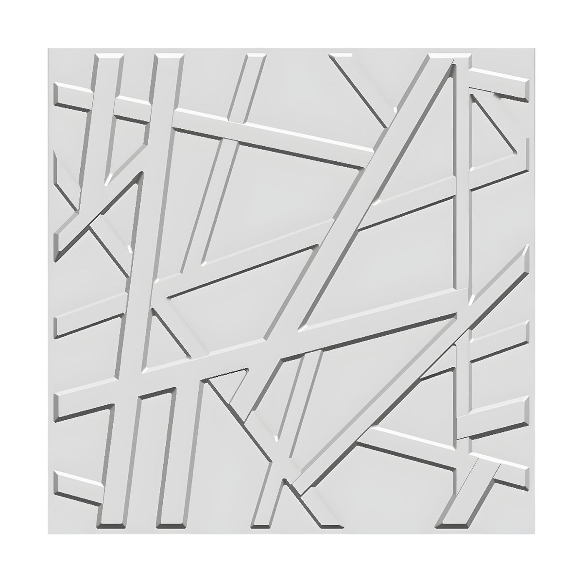 White PVC 3D wall panel, 50 x 50cm, featuring raised criss-crossing bars at varied angles forming an irregular geometric pattern with bevelled edges, shown on a plain background.