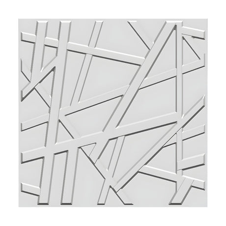 White PVC 3D wall panel, 50 x 50cm, featuring raised criss-crossing bars at varied angles forming an irregular geometric pattern with bevelled edges, shown on a plain background.