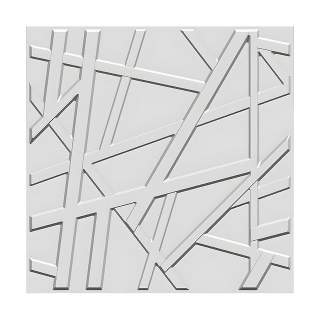White PVC 3D wall panel, 50 x 50cm, featuring raised criss-crossing bars at varied angles forming an irregular geometric pattern with bevelled edges, shown on a plain background.