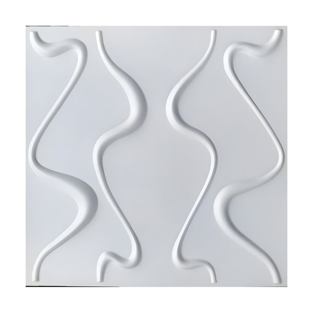 White PVC 3D wall panel, 50 x 50cm, with four raised wavy ribs in mirrored S-curves, outer tips curling into hooks, shown on a plain white background.