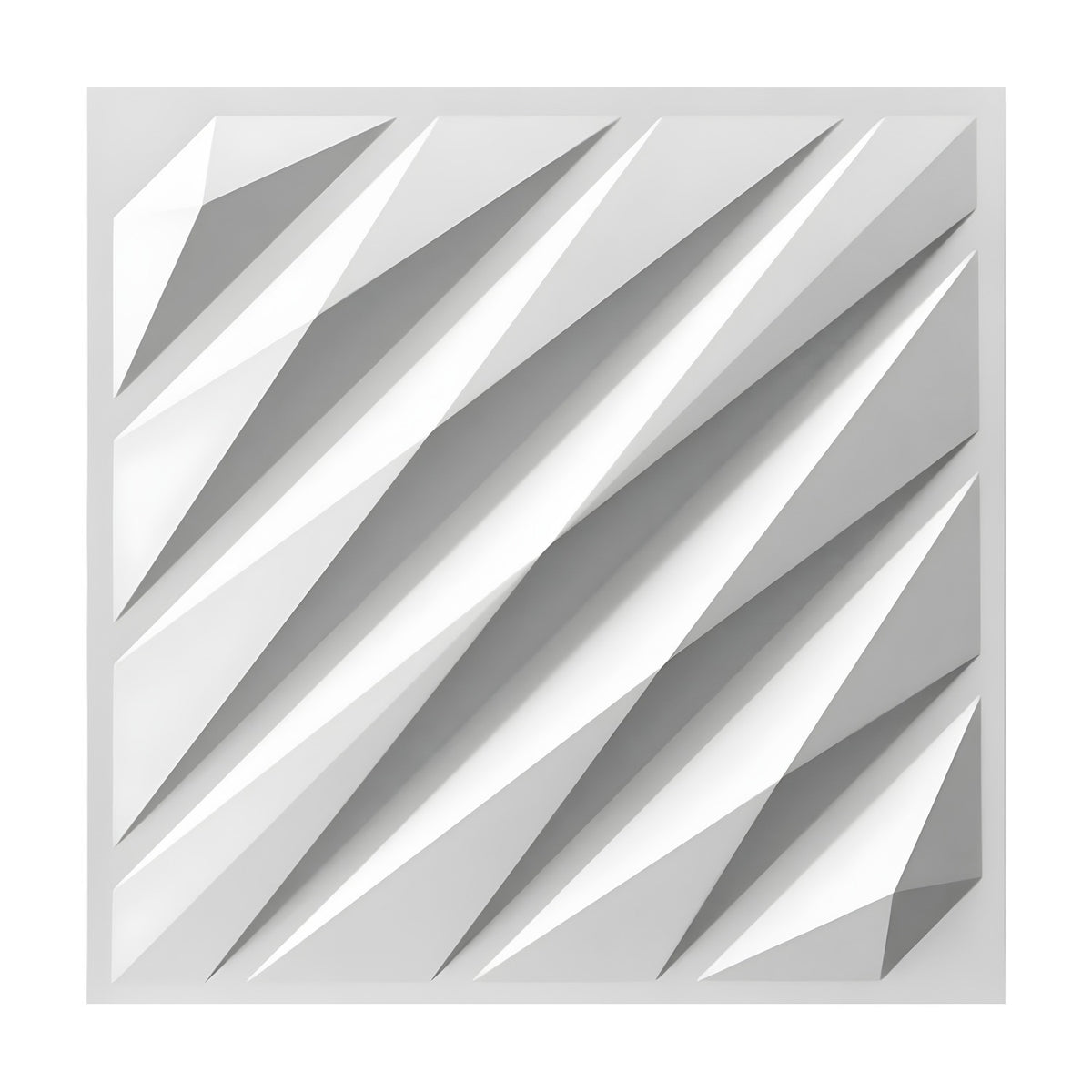 White 3D PVC wall panel, 50 x 50cm, with diagonal faceted shards tapering to points, creating a sharp geometric relief effect, shown on a plain background.