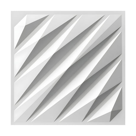 White 3D PVC wall panel, 50 x 50cm, with diagonal faceted shards tapering to points, creating a sharp geometric relief effect, shown on a plain background.