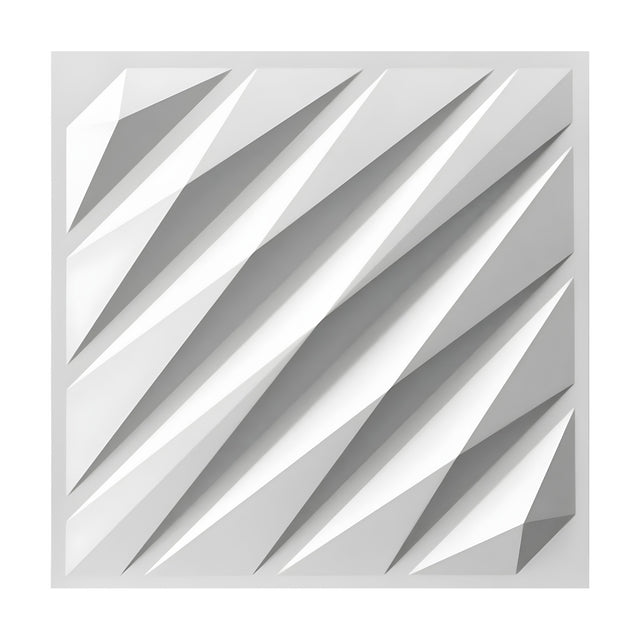 White 3D PVC wall panel, 50 x 50cm, with diagonal faceted shards tapering to points, creating a sharp geometric relief effect, shown on a plain background.