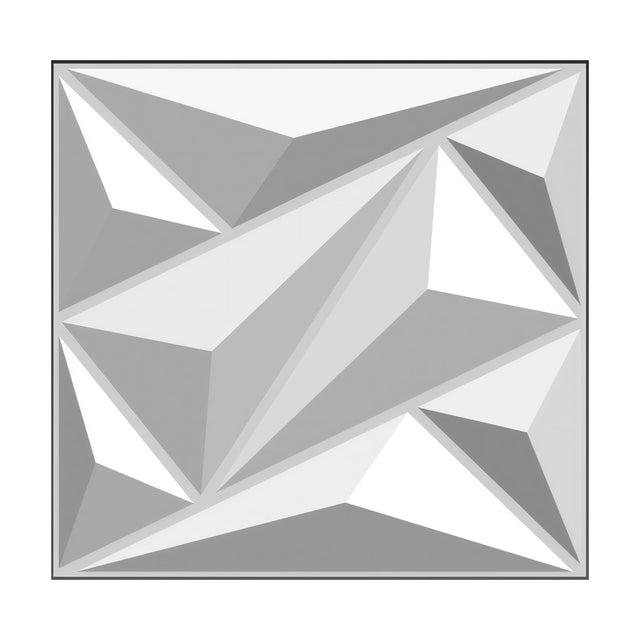White PVC 3D wall panel, 50 x 50cm, with faceted triangular geometric relief in grey tones, shown square-on against a plain white background.