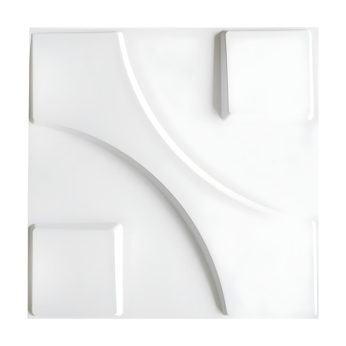 White 3D PVC wall panel, 50 x 50cm, with raised bevelled squares in opposite corners and curved diagonal arcs forming a geometric relief design.