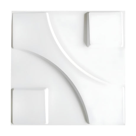 White 3D PVC wall panel, 50 x 50cm, with raised bevelled squares in opposite corners and curved diagonal arcs forming a geometric relief design.