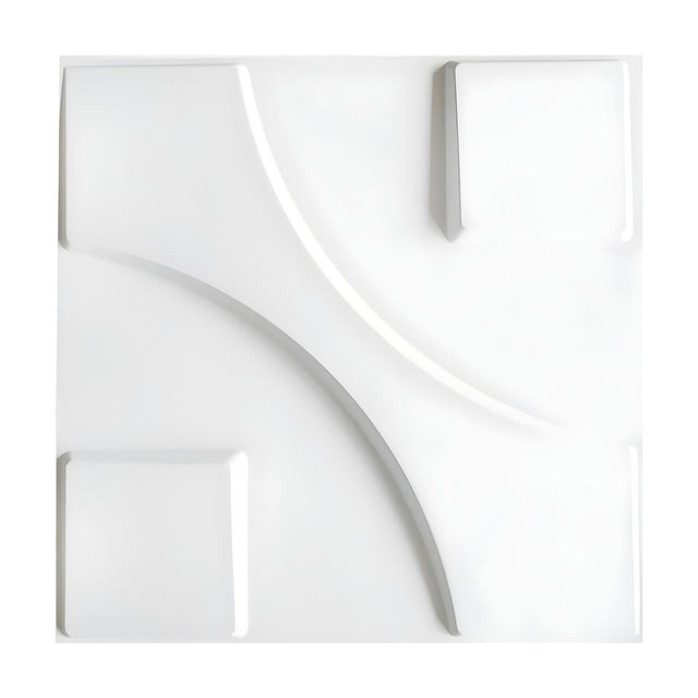 White 3D PVC wall panel, 50 x 50cm, with raised bevelled squares in opposite corners and curved diagonal arcs forming a geometric relief design.