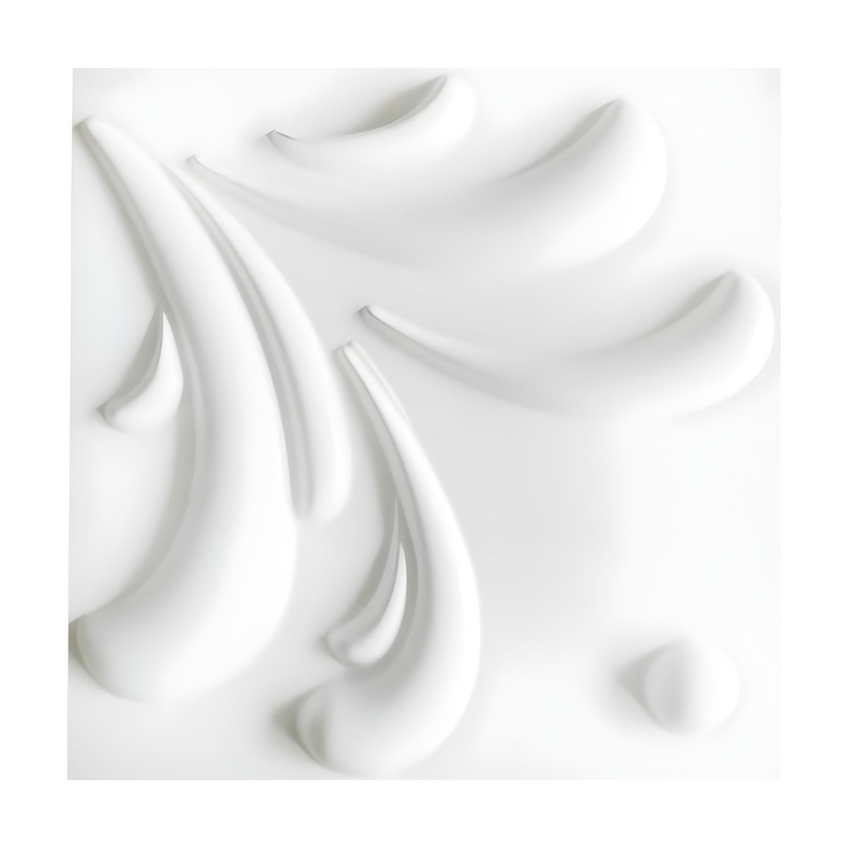 White PVC 3D wall panel, 50 x 50cm, featuring curved teardrop forms with rounded heads and tapering tails fanning across the surface, plus one small round dome, on a plain white background.