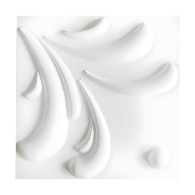 White PVC 3D wall panel, 50 x 50cm, featuring curved teardrop forms with rounded heads and tapering tails fanning across the surface, plus one small round dome, on a plain white background.